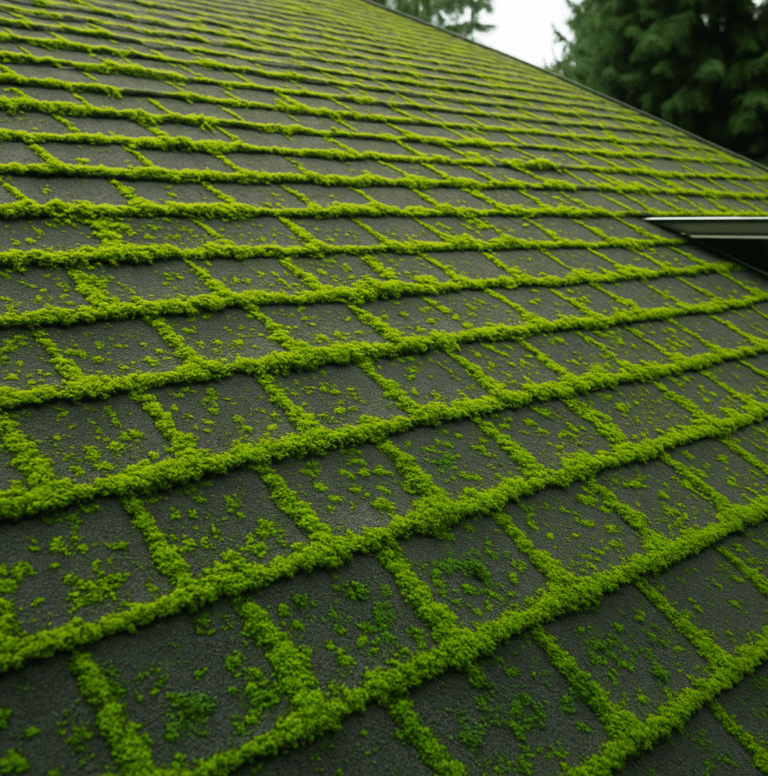 Asphalt shingle roof with moss and algae growth showing moisture damage and poor maintenance