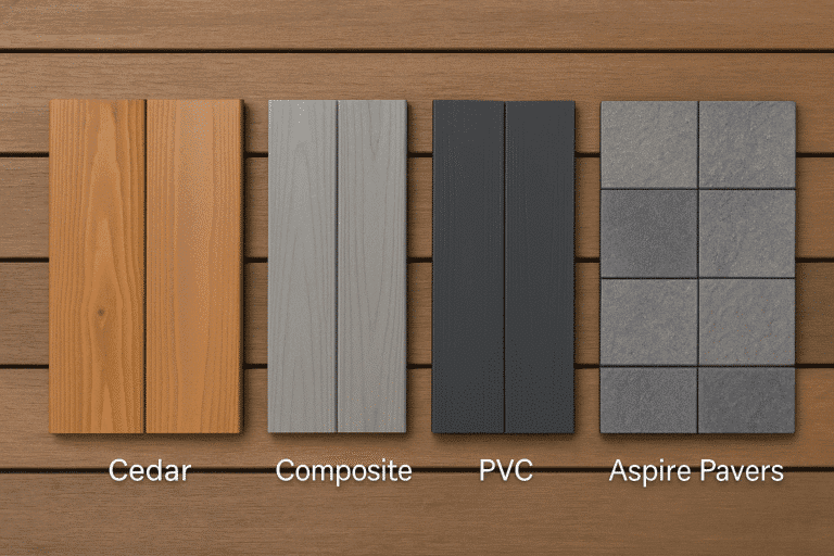 Comparison of cedar, composite, PVC, and Aspire Pavers decking materials used in the Pacific Northwest.