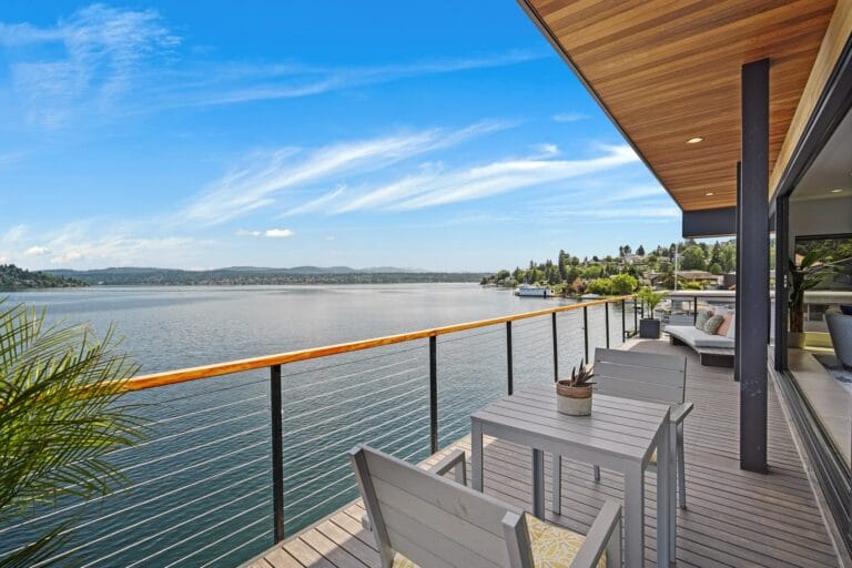 New composite deck installation overlooking Puget Sound waterfront homes