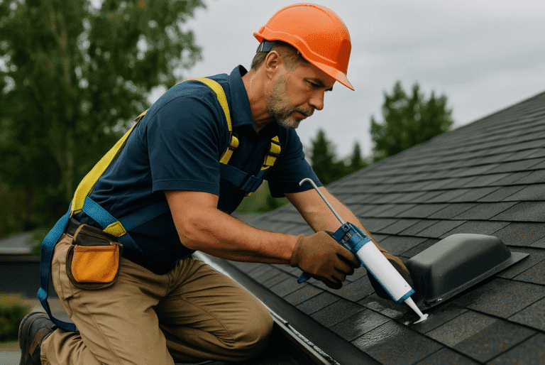 Roofing contractor assessing storm damage on a residential roof in the Pacific Northwest.