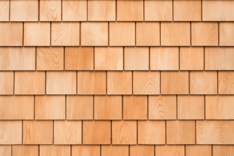 Close-up of cedar wood shingles on a residential roof, showing smooth, uniform cuts and natural wood grain texture in warm brown tones under soft daylight.