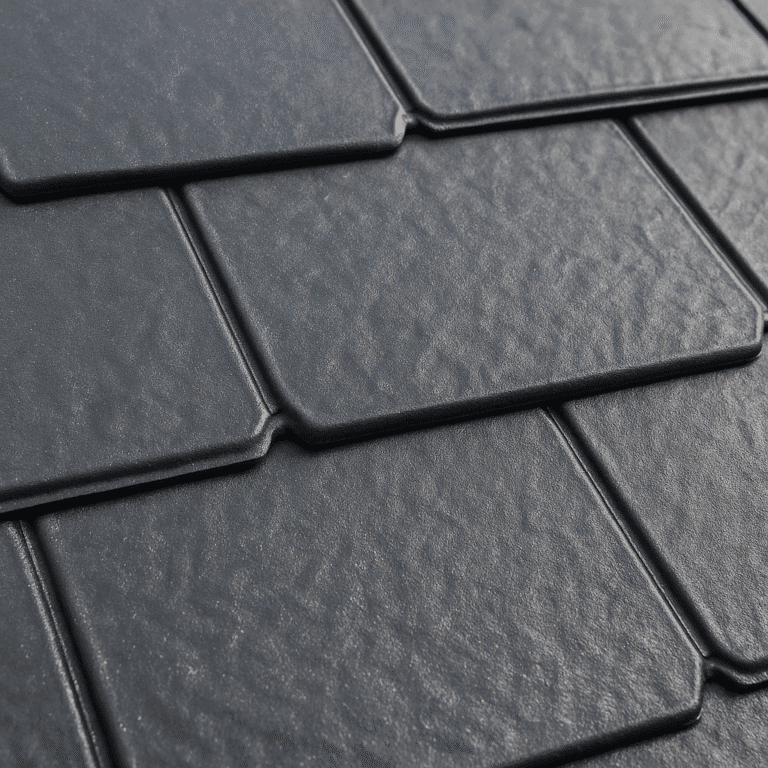 Close-up of dark gray stamped metal shingles with interlocking seams, highlighting their weather-resistant texture and clean, modern design under natural light.