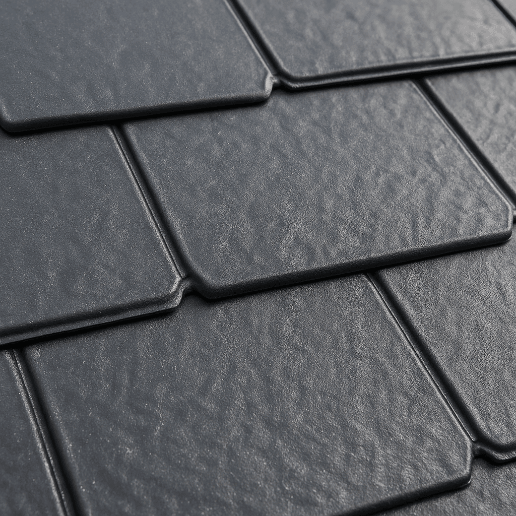 Close-up of dark gray stamped metal shingles with interlocking seams, highlighting their weather-resistant texture and clean, modern design under natural light.