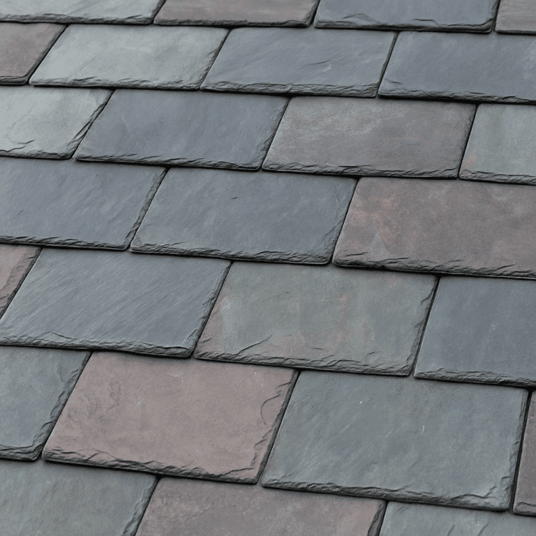 Close-up of natural slate roofing with varied gray and blue tones, hand-cut rectangular tiles, and textured surfaces arranged in a staggered pattern under soft daylight.