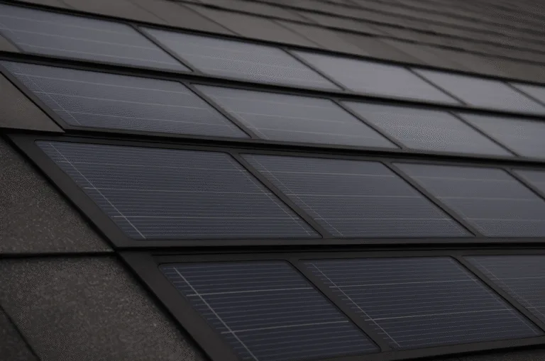 Close-up of sleek, low-profile solar roofing shingles integrated into an asphalt roof, showing smooth photovoltaic panels under natural daylight.