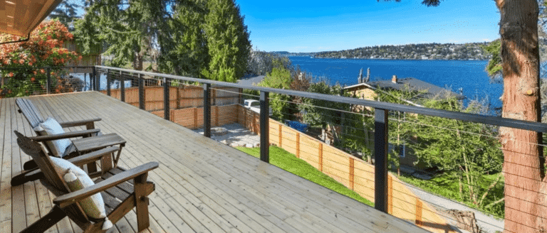 New composite deck installation on a rainy day in the Pacific Northwest