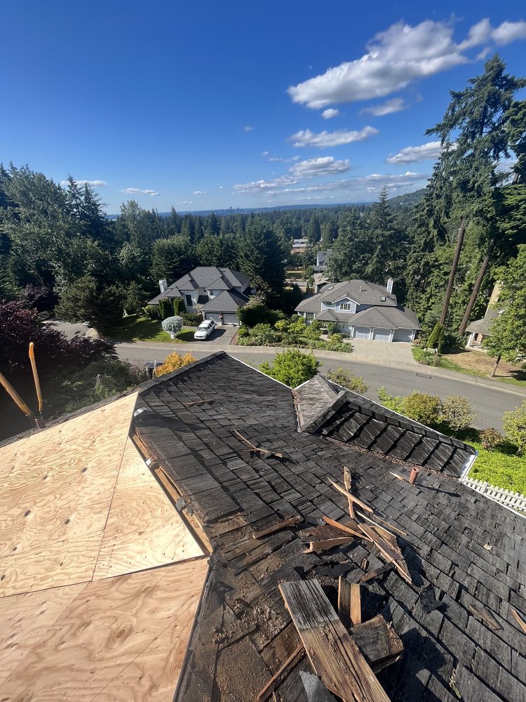 Shingle roof replacement in Newcastle featuring CertainTeed Presidential Shake TL AR.

