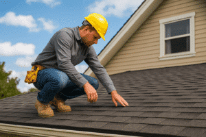 Bellevue roof inspector examining shingles for damage and moss growth on a residential home