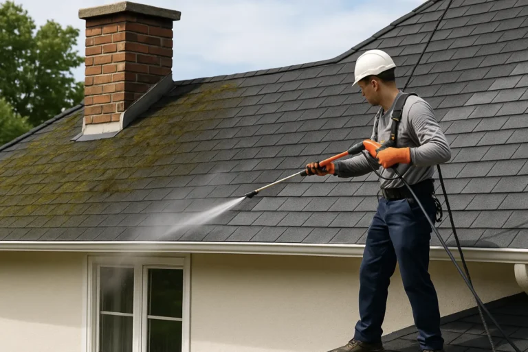 Professional roof cleaning service removing moss and algae from shingles.