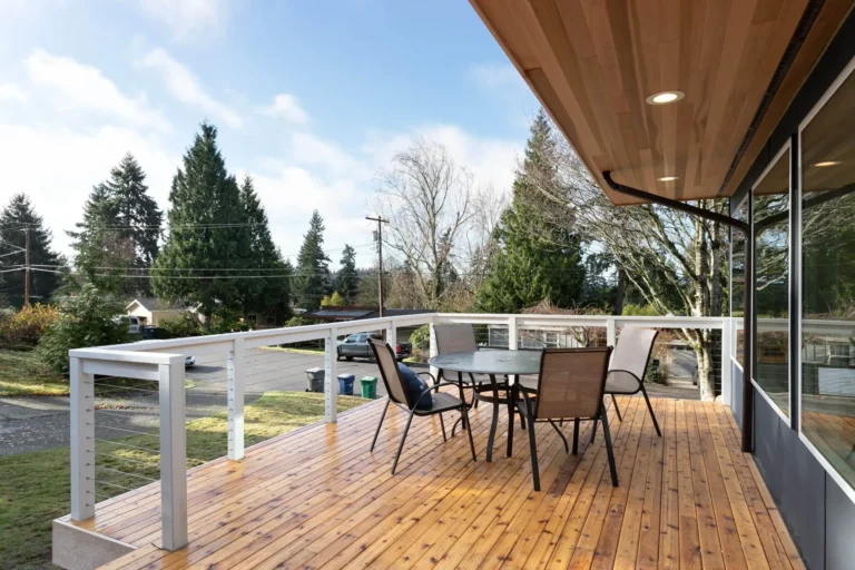 Outdoor home deck built with composite materials by local deck company.