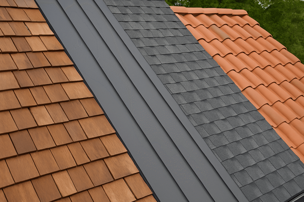 Roofing materials comparison showing asphalt shingles vs metal roofing vs cedar shakes vs clay tile.