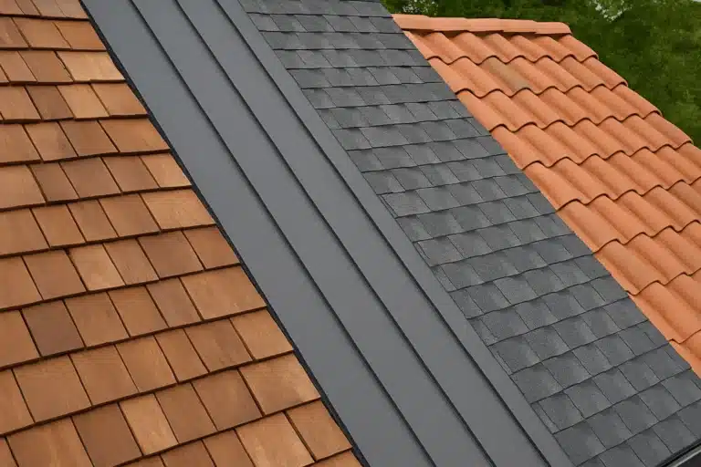 Roofing materials comparison showing asphalt shingles vs metal roofing vs cedar shakes vs clay tile.