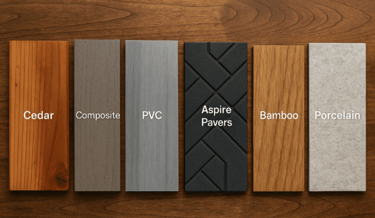 Flat lay of six eco-friendly decking materials — cedar, composite, PVC, Aspire Pavers, bamboo, and porcelain