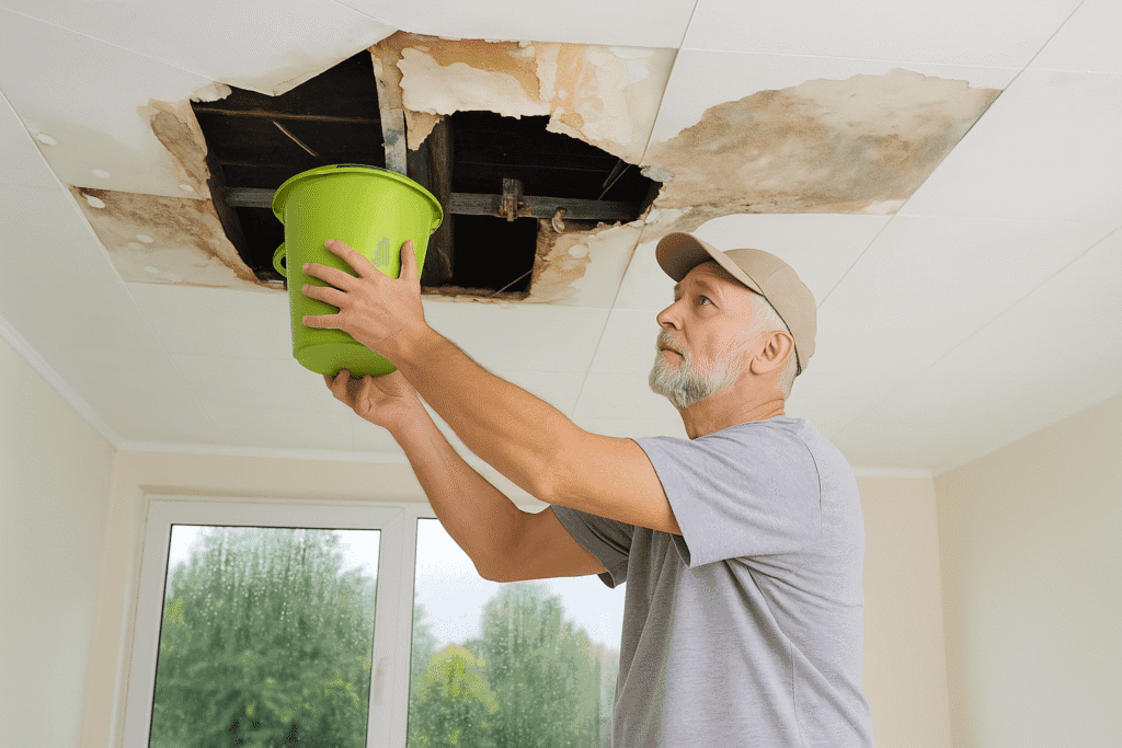 Homeowner inspecting ceiling for signs of a roof leak during a rainy day in the Pacific Northwest