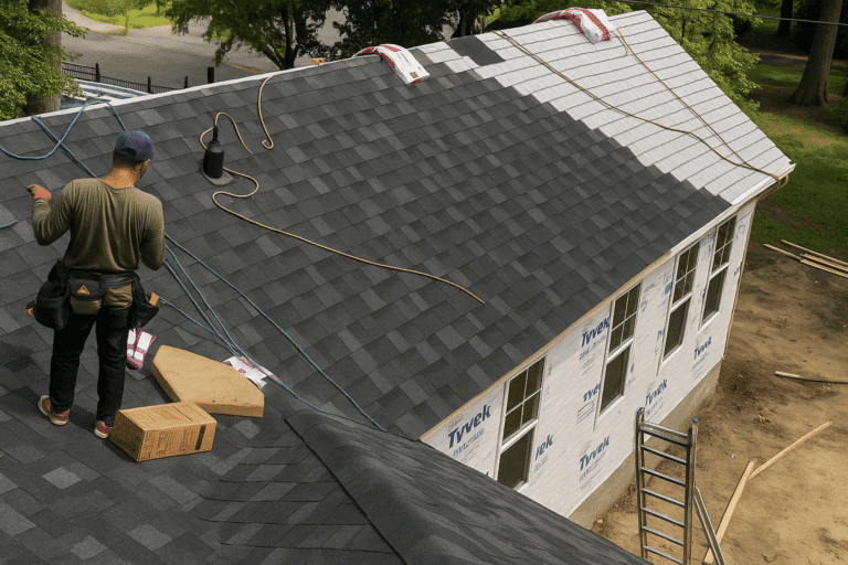 Roofer installing dark gray asphalt shingles on a residential roof wrapped in Tyvek, with safety ropes, ladder, and roofing materials visible under daylight in a Pacific Northwest neighborhood.