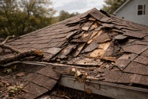 Storm-damaged asphalt shingle roof with exposed wood