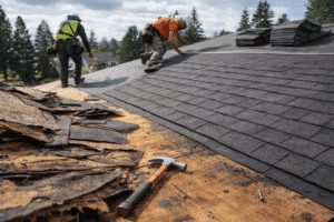 Roof replacement in progress with workers installing new asphalt shingles