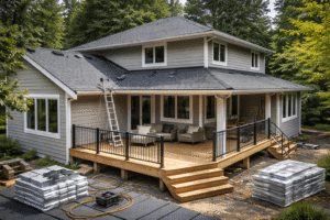 Exterior of a residential home undergoing renovation, showing a new roof, updated siding, and a deck as integrated exterior systems.