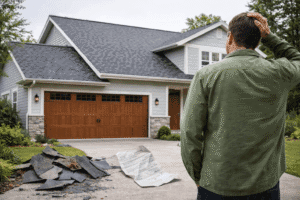Homeowner looking at a newly replaced roof from the driveway