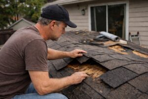 Homeowner repairing damaged roof shingles on his house without a permit