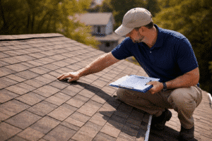 Roof inspection in progress on an asphalt shingle roof