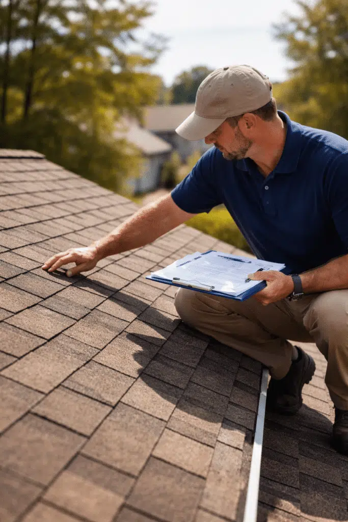 Roof inspection in progress on an asphalt shingle roof