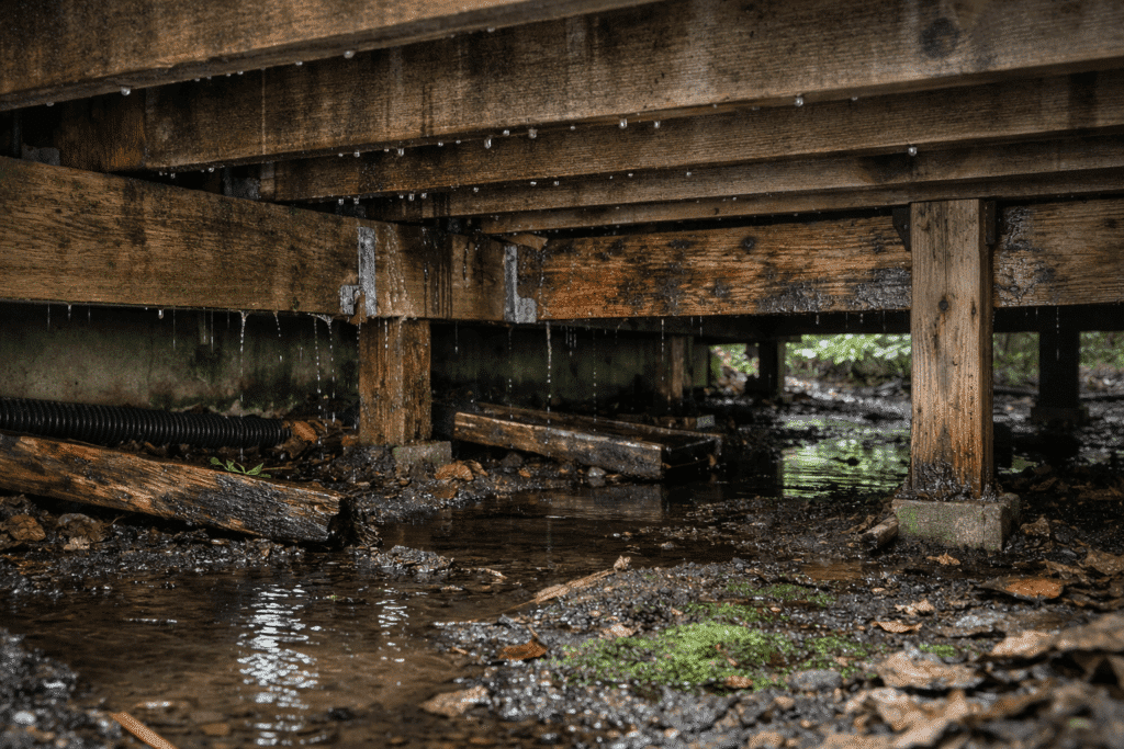 Underside of a wooden deck with visible moisture accumulation, damp framing, and standing water beneath the structure.