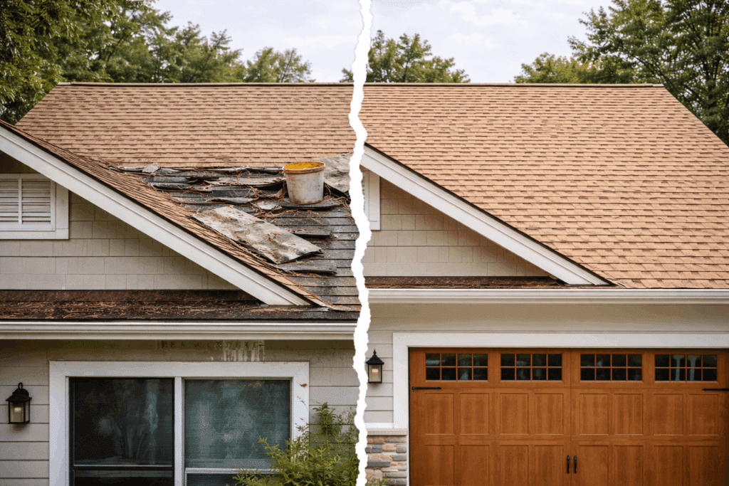 Two neighboring homes with light-colored shingle roofs showing different conditions
