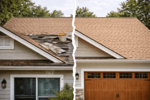 Two neighboring homes with light-colored shingle roofs showing different conditions