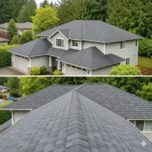 Close-up of curling asphalt shingles on residential roof in Bellevue WA