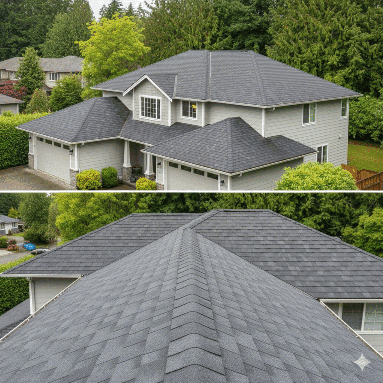 Close-up of curling asphalt shingles on residential roof in Bellevue WA