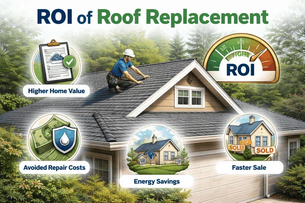 Illustration showing how roof replacement improves ROI through higher home value, avoided repair costs, energy savings, and faster resale.