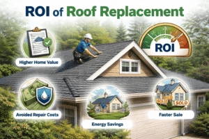 Illustration showing how roof replacement improves ROI through higher home value, avoided repair costs, energy savings, and faster resale.