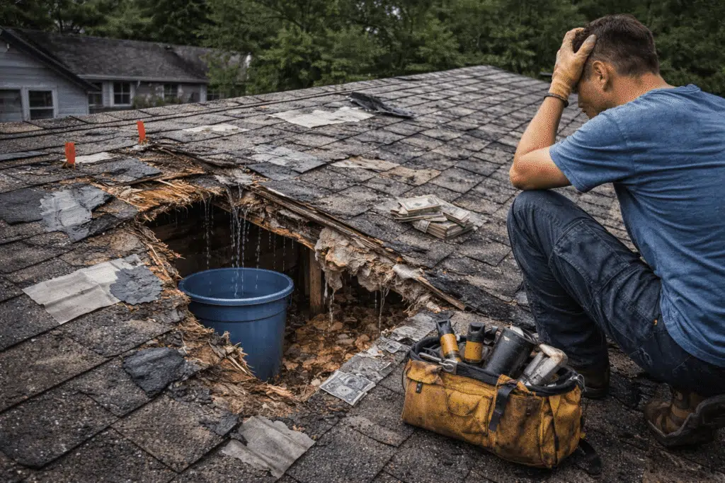 Roofer sitting on a heavily damaged asphalt shingle roof with visible rot, leaks, and temporary patch repairs that indicate full replacement may be necessary.