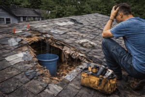 Roofer sitting on a heavily damaged asphalt shingle roof with visible rot, leaks, and temporary patch repairs that indicate full replacement may be necessary.