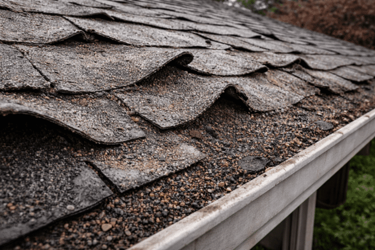 Roof with granule loss and curling shingles requiring replacement in Western Washington