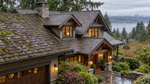 Aging cedar shake roof with moss beside a newer composite cedar-look roof on a Pacific Northwest home near Seattle.